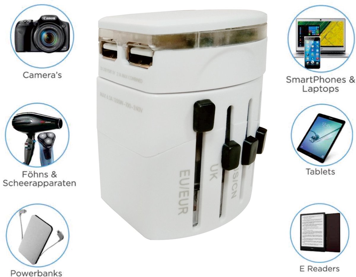FlinQ Universele Wereldreisstekker - Reisstekker met 2 USB poorten - Travel Adapter - Wit - 160+ landen