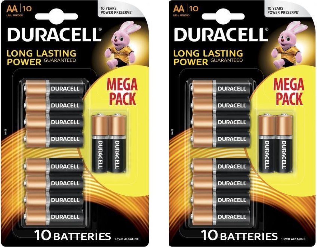 20 Stuks (2 Blisters a 10st) - Duracell MEGA Pack LR6 / AA / R6 / MN 1500 1.5V Alkaline batterij