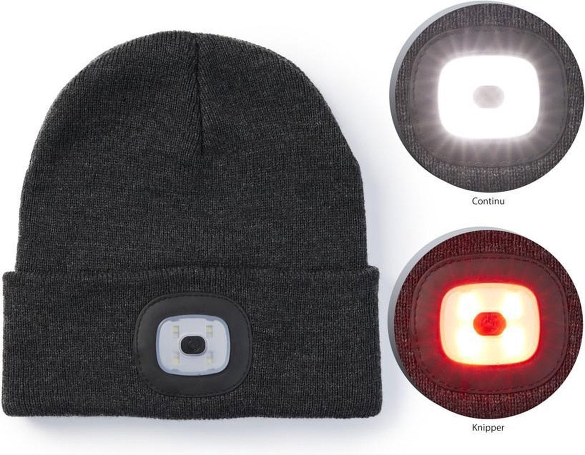 TECHNOSMART Muts met LED Verlichting – Grijze Beanie – Unisex – One Size – Warme Hardloopmuts