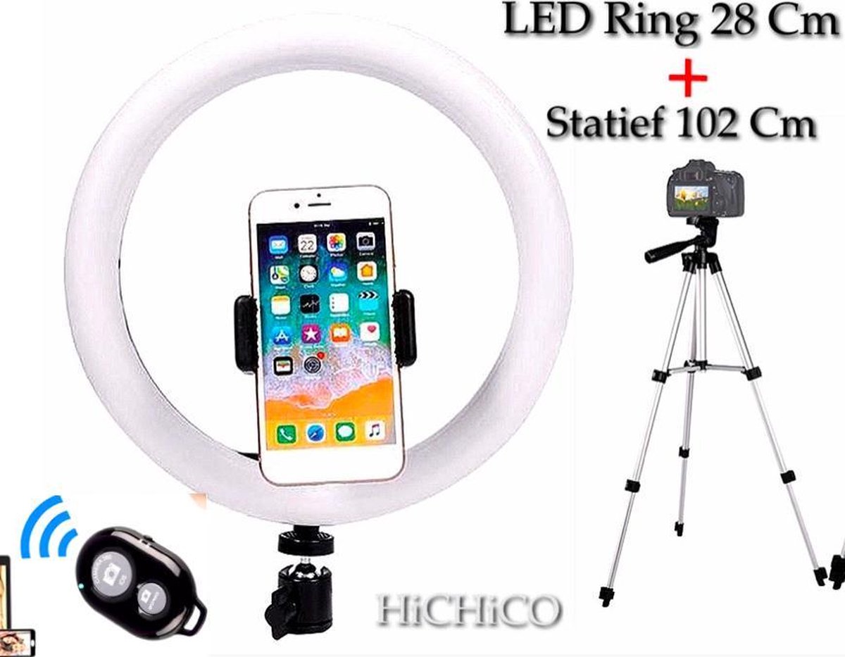 Smartphone Tripod Camera Statief 102 Cm Zilver met LED Ring Light 28 Cm Inclusief Bluetooth shutter – HiCHiCO