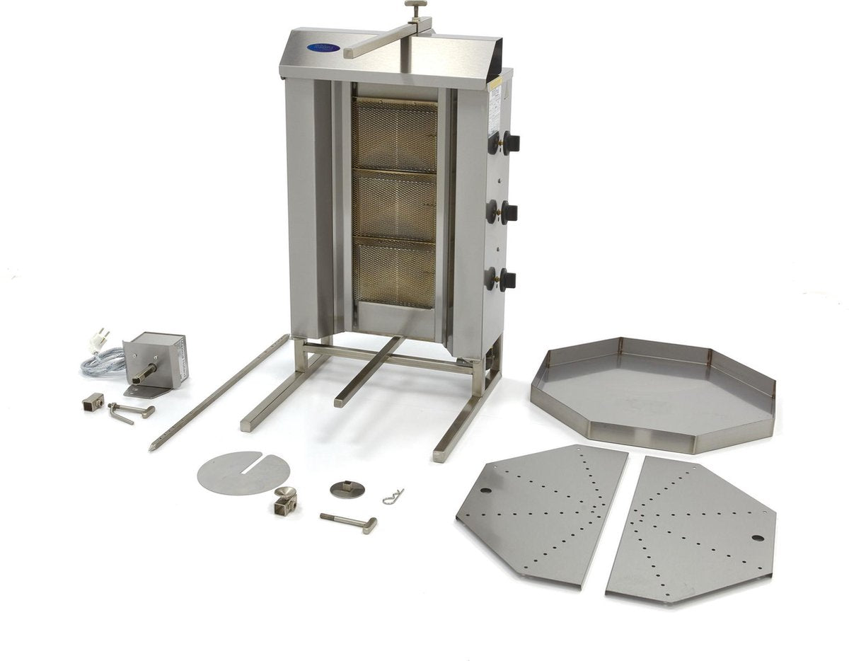 Doner Kebab / Gyros / Shoarma Grill 3 Branders - Gas - RVS - Max. 30 kg Vlees - Verstelbare Spies - Links + Rechts Draaiend - Doner Grill - Maxima