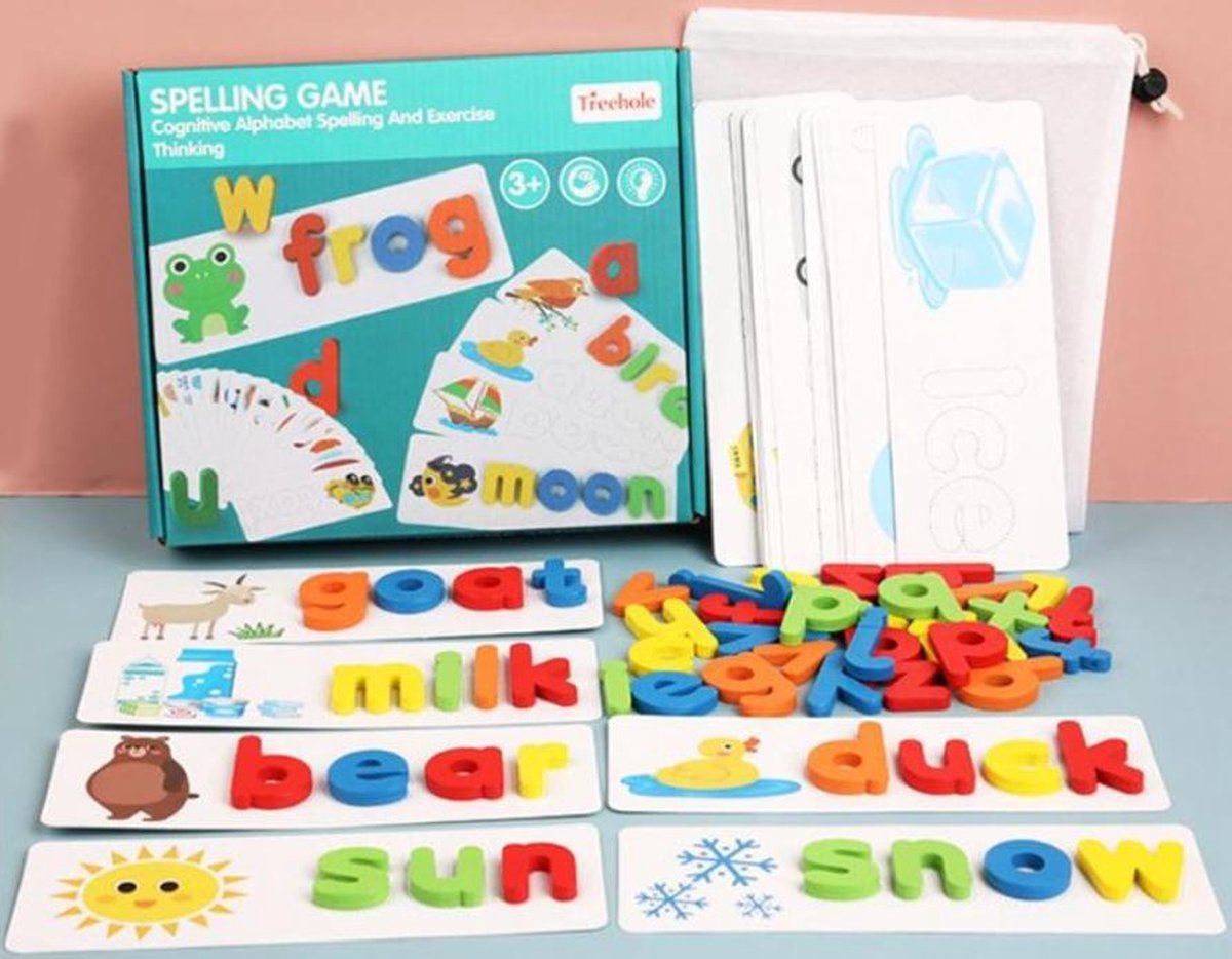 Houten woordpuzzel – Engelse woorden leren spellen - 26*2 houten letters met een set Engelse woordflitskaarten