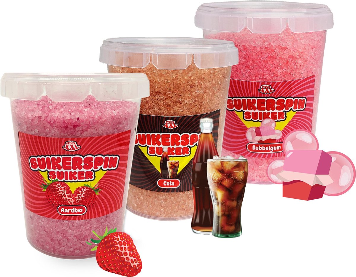 Suikerspin Suiker - Aardbei - Cola - Bubbelgum  - 3 potten x 400 gram