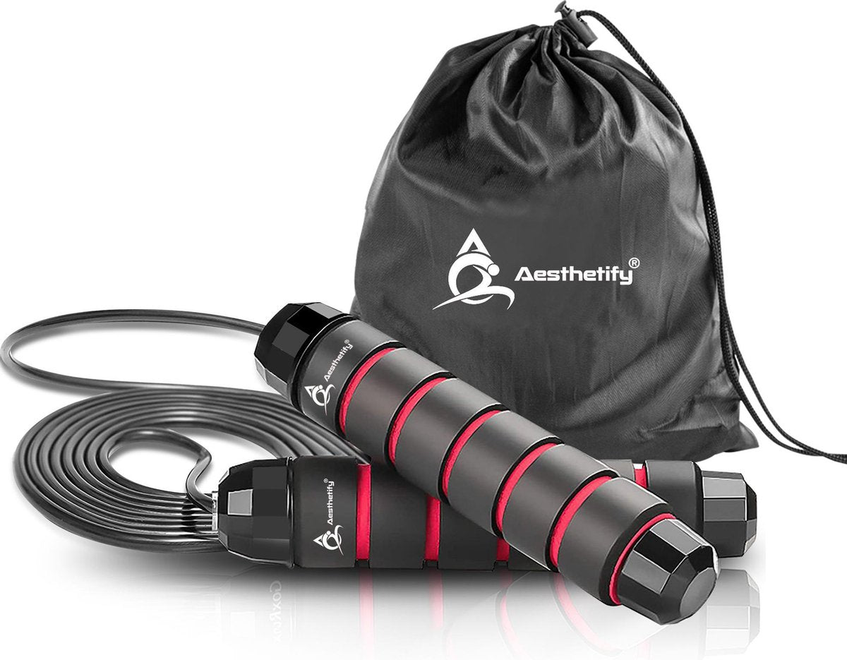 Aesthetify Sport Springtouw - Beginners & Professioneel - Touwtje Springen - voor Binnen en Buiten - Thuis Fitness -  Rood