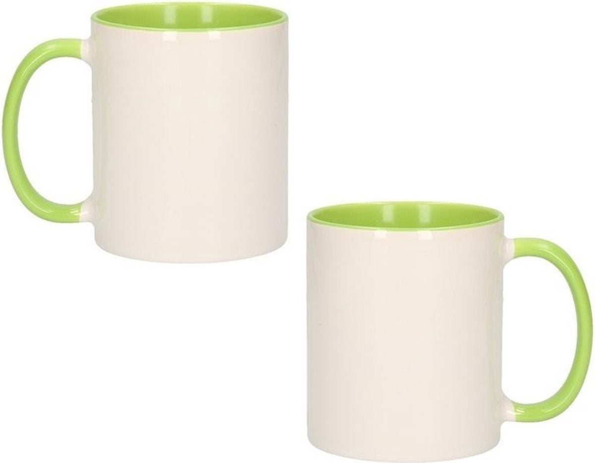 2x Wit met groene blanco mokken - onbedrukte koffiemok