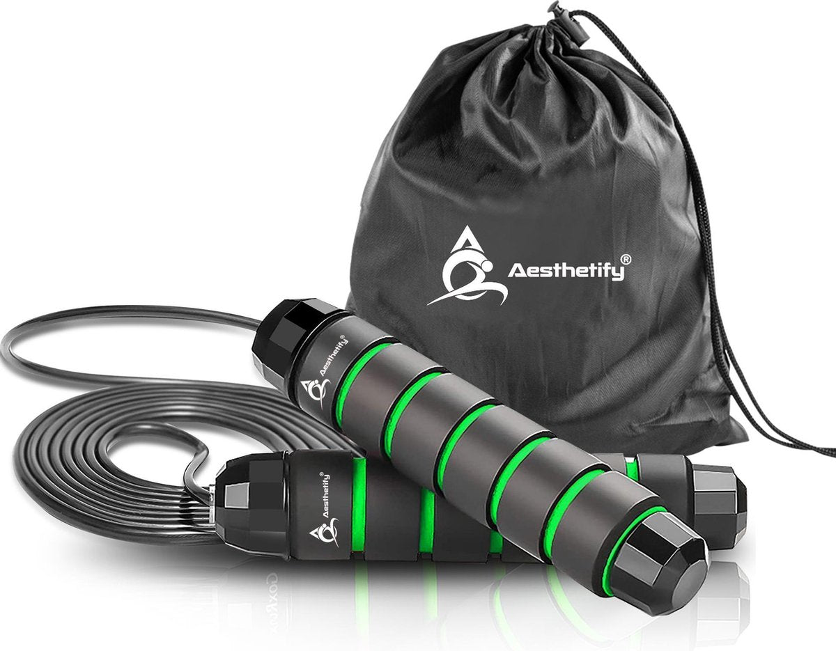 Aesthetify Sport Springtouw - Beginners & Professioneel - Touwtje Springen - voor Binnen en Buiten - Thuis Fitness - Groen