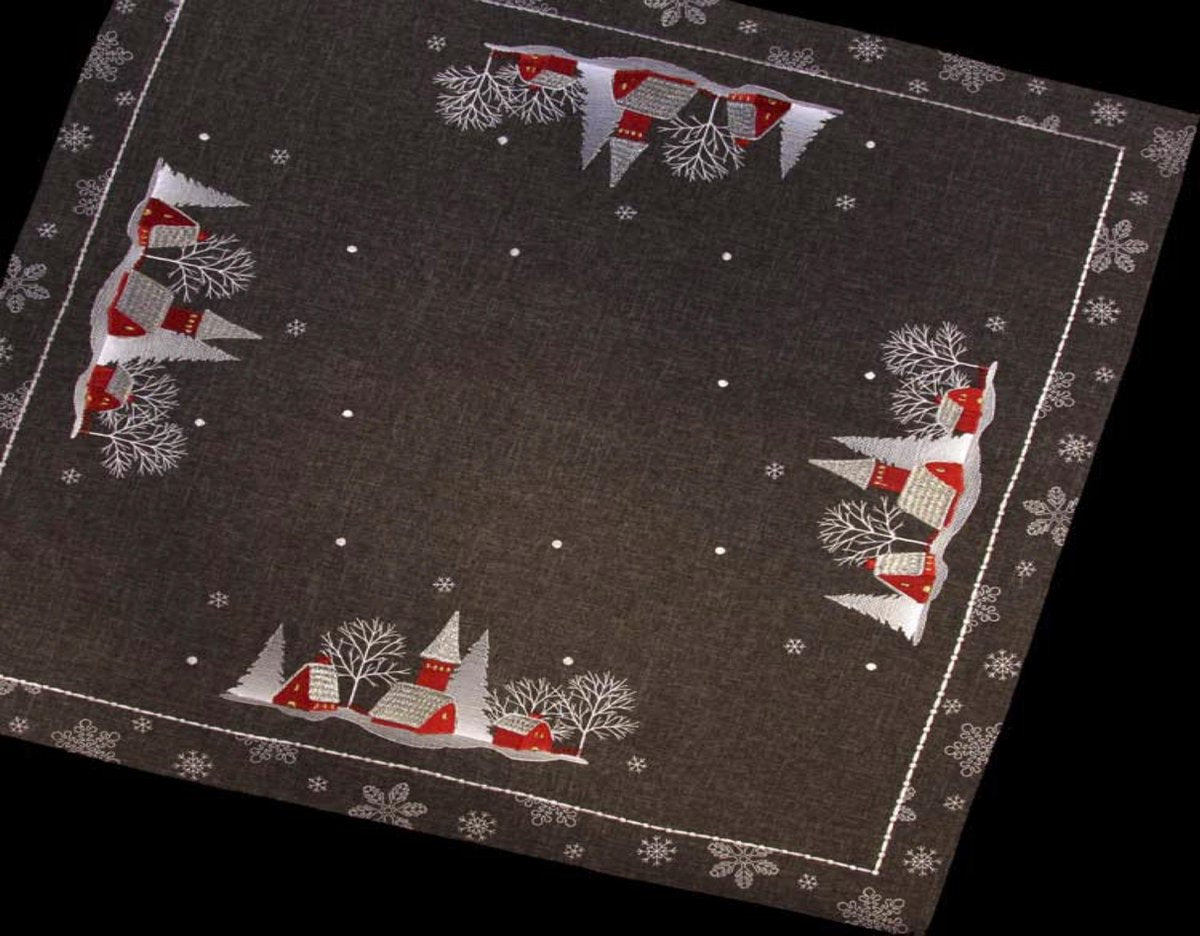 Kerstkleed Linnenlook - Donker grijs - met Kerk en huisjes - Vierkant 85 cm