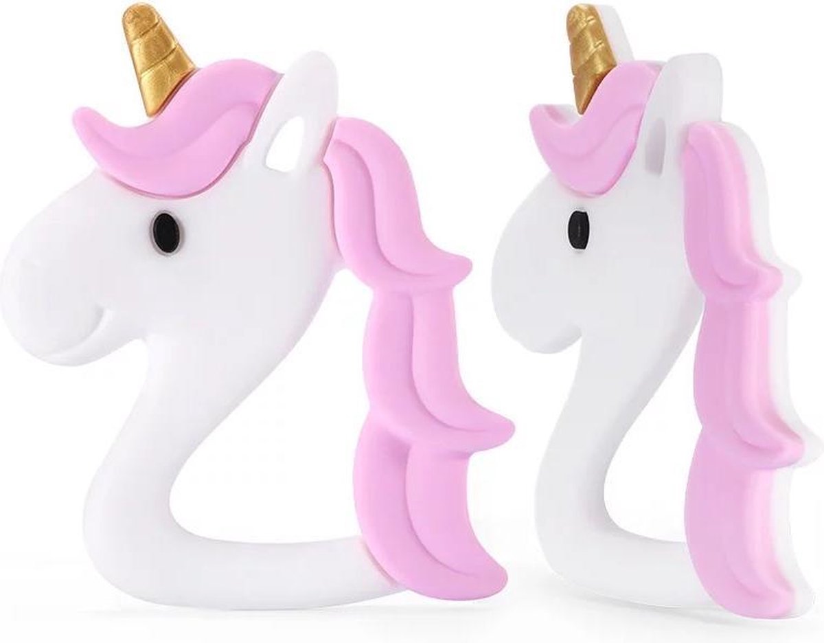 Bijtketting- Kauwketting- Unicorn- Hanger met koord- Roze-Wit