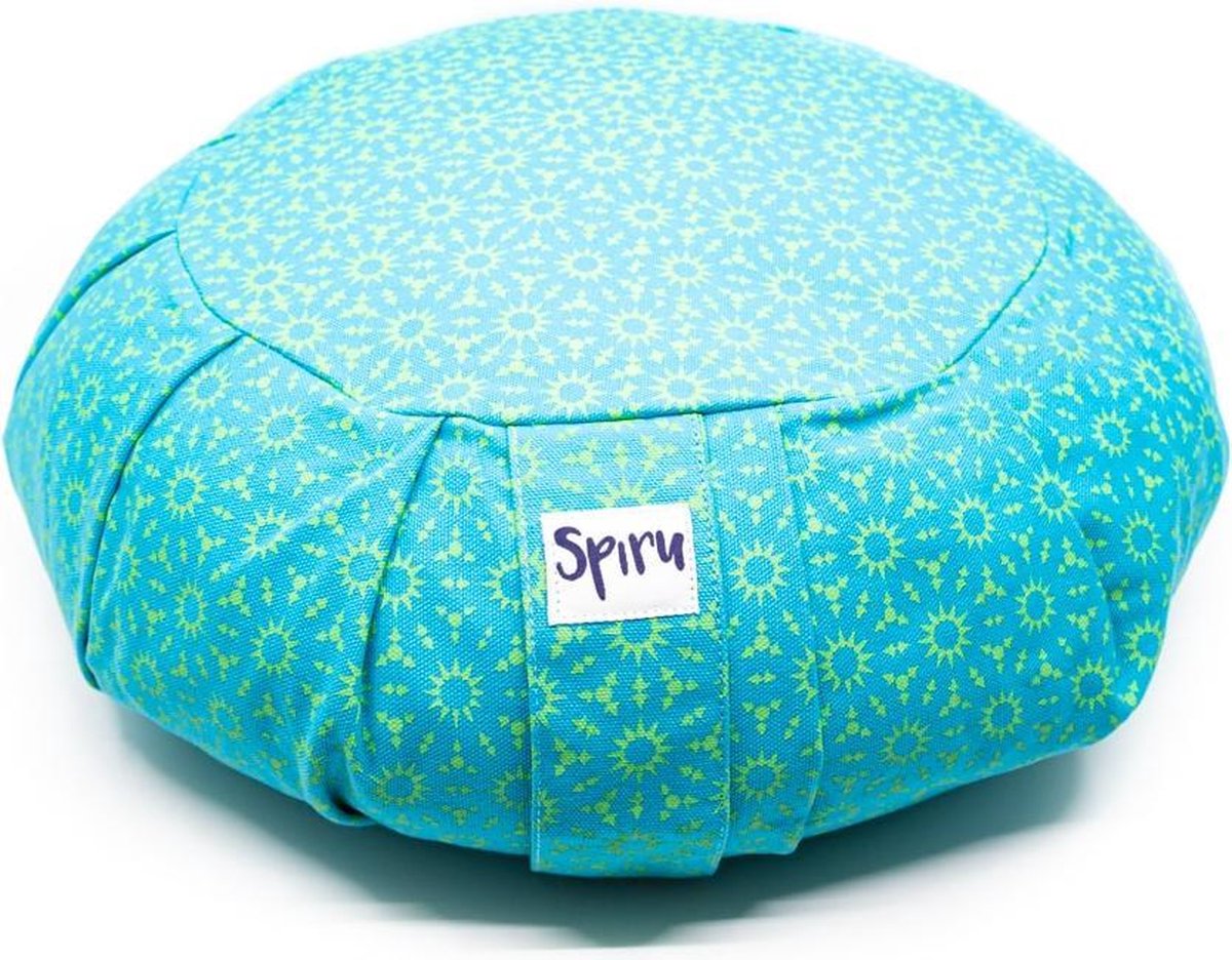 Spiru Meditatiekussen Zafu Geplooid Katoen Turquoise – Zonneprint – 36 x 14 cm