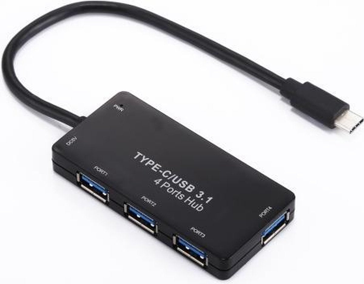 Premium 4-Poorts USB 3.0 female naar USB-C male HUB adapter splitter | Zwart 28cm (Type-C 3.1 USB)