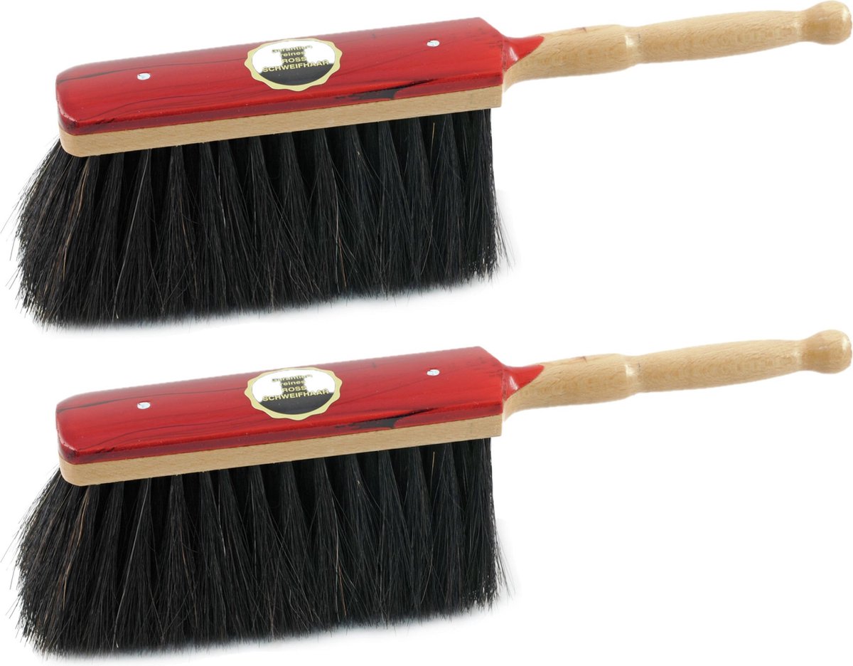 2x stuks rood gelakte zachte stoffers/handvegers met zwart paardenhaar