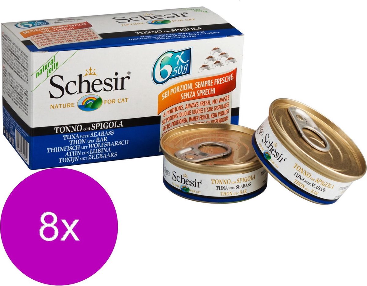 Schesir Kat Mp Blik Gelei 6x50 g - Kattenvoer - 8 x Tonijn&Baars