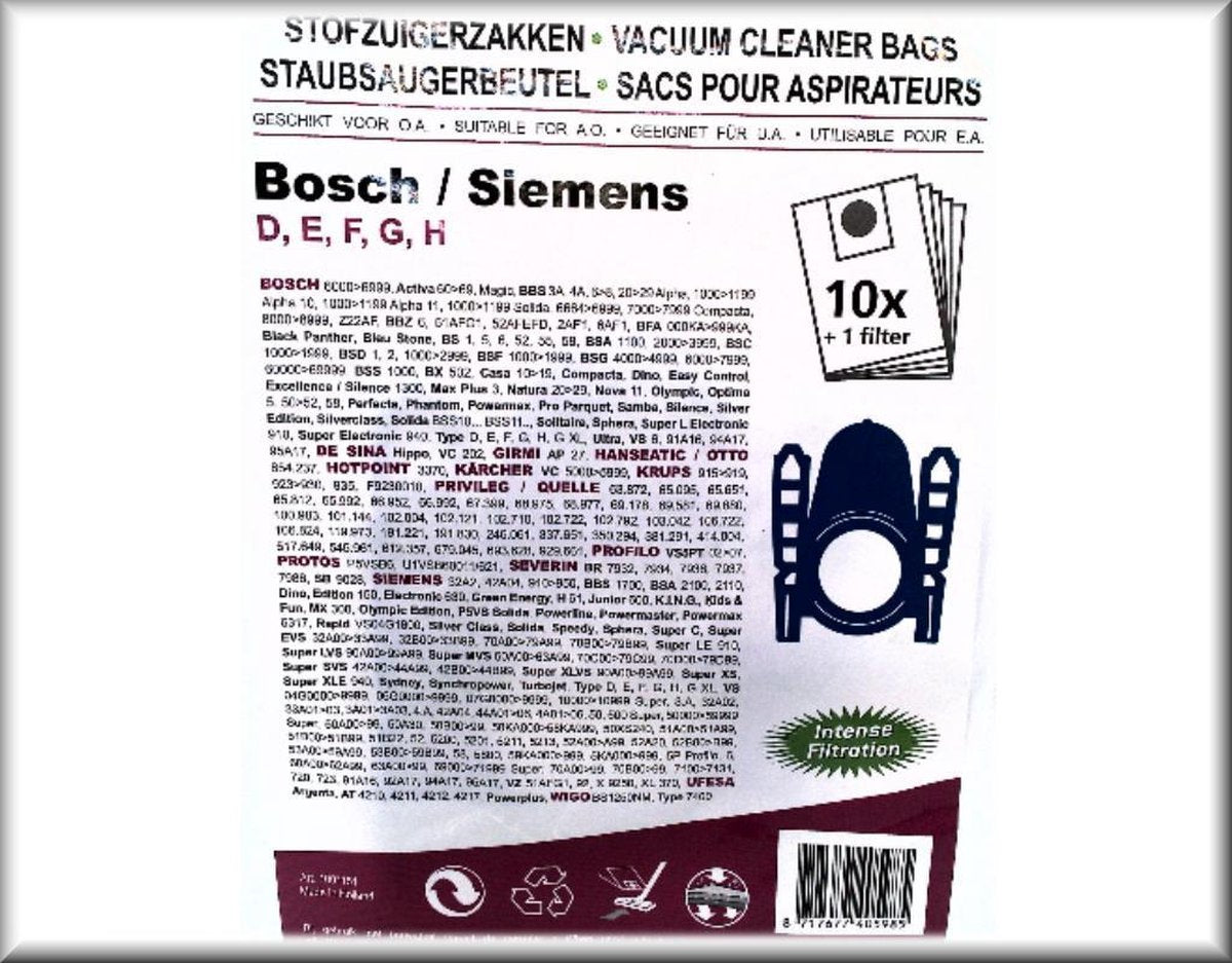10 Stofzakken voor BOSCH/ SIEMENS type D/E/F/G/H