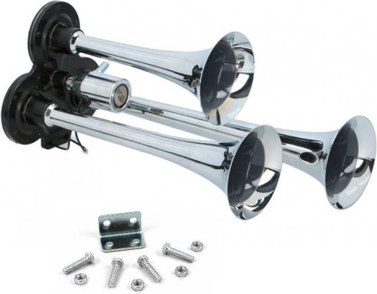 All Ride Luchthoorn - 3-Tonig - 12V/24V - Verchroomd - Zilver/ Zwart