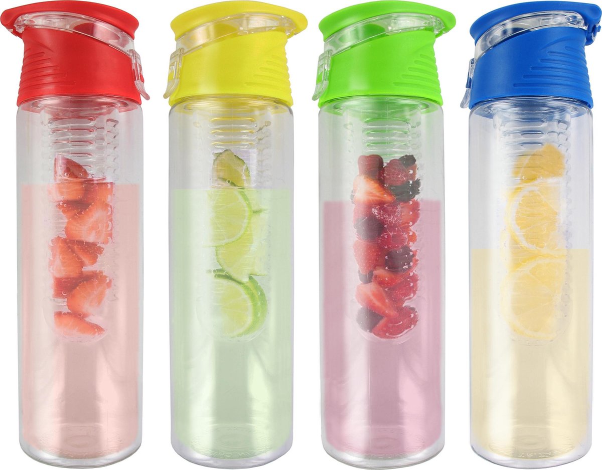 FIGURETTA familie-set | 4x waterfles met infuser |inhoud 0.7 ltr | BPA-vrij | groen geel blauw rood