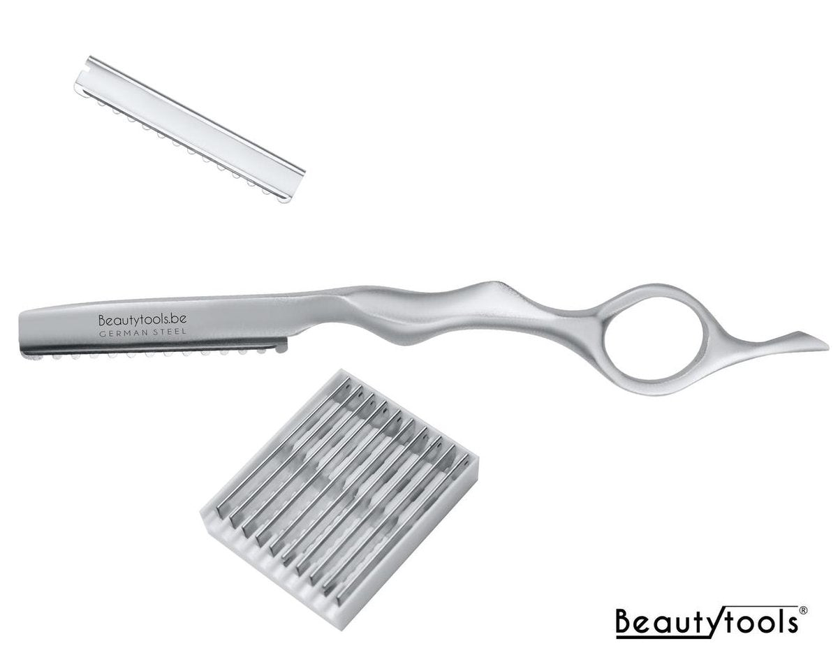 BeautyTools Set Pearl White Kappersmes/Feather Mes - Uitdunmes - Effileermes Voor Dik Haar - (incl. 11 Feathermesjes) - (SR-1246) FW11