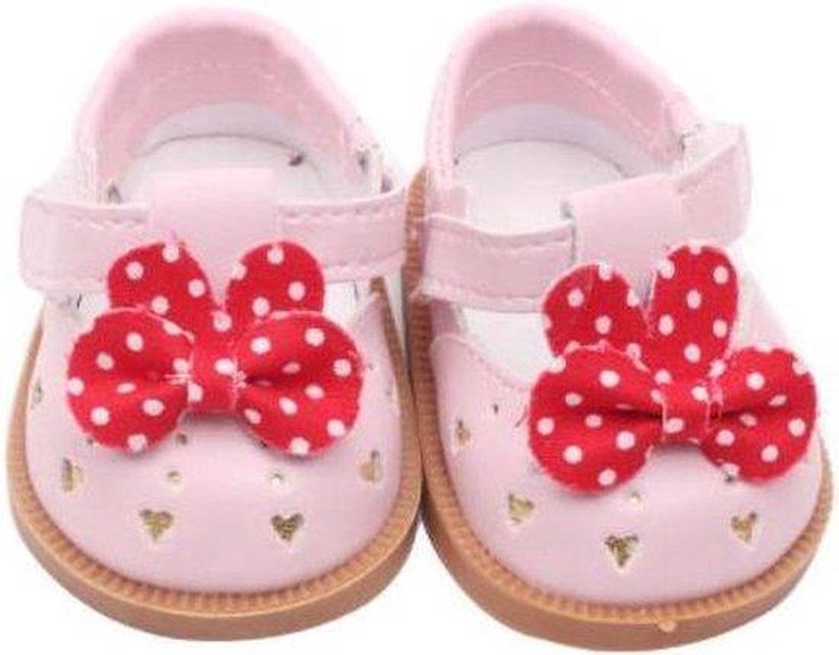 Dolldreams | Schoentjes voor Baby Born - Roze schoenen met rood strikje met polkadots - Poppenschoentjes 7 cm