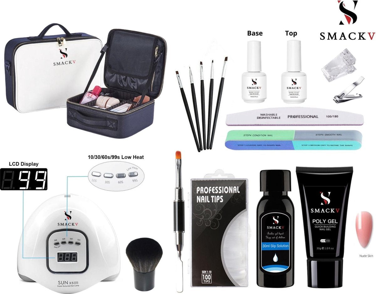 SMACKV® Deluxe Poly Gel Kit - Gellak starter pakket incl. UV/LED Lamp 150W - Cosmetic bag - Poly Gel Acryl nagels Nude - Nageltip - Nagelvijl - Slip Solution - Base & Top Coat 15ml - nagel kwast