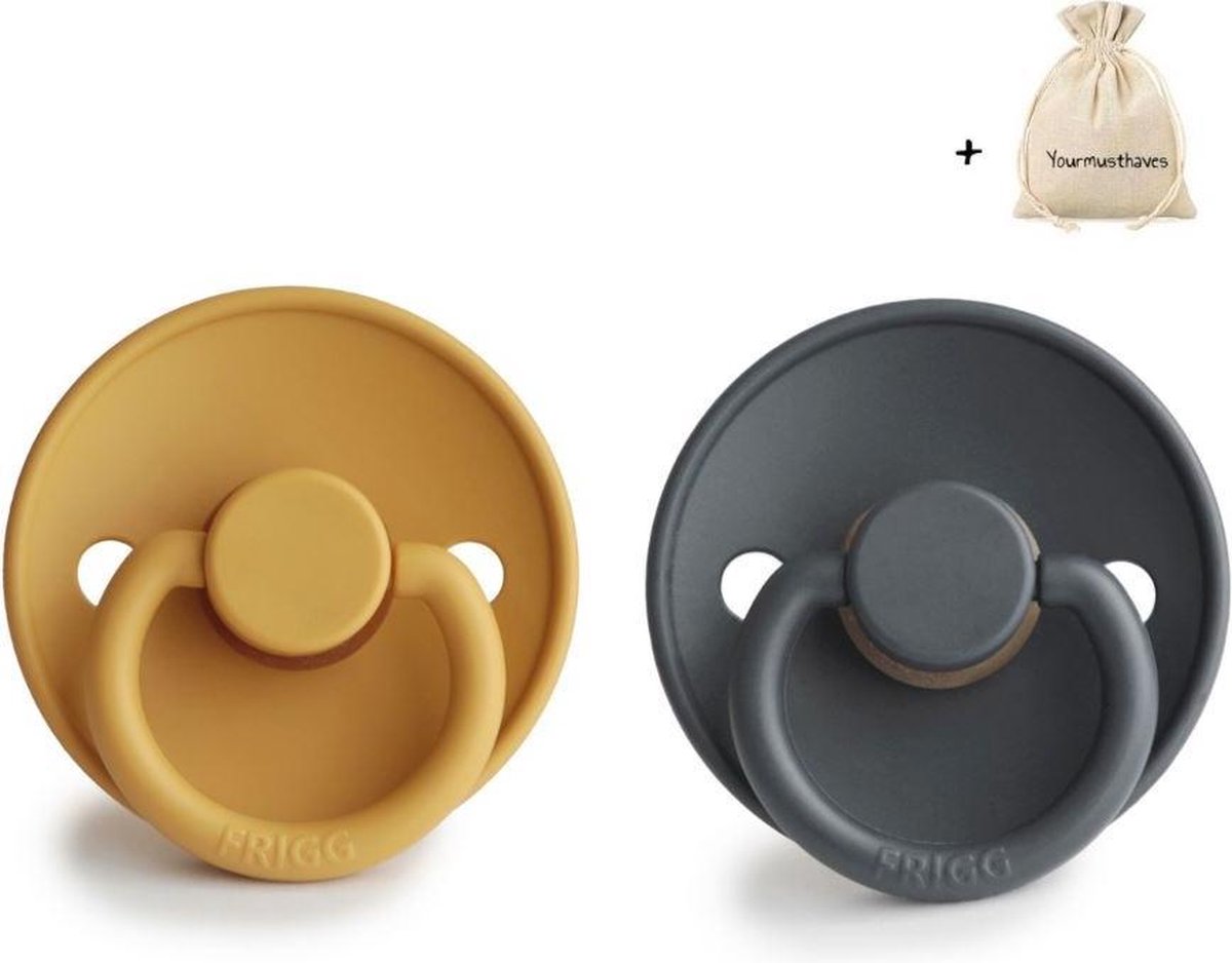 FRIGG | Fopspeen Duo | T1 | 0-6 maanden | Classic | Natuurrubber | Honey Gold + Graphite | Met YOURMUSTHAVES speenzakje