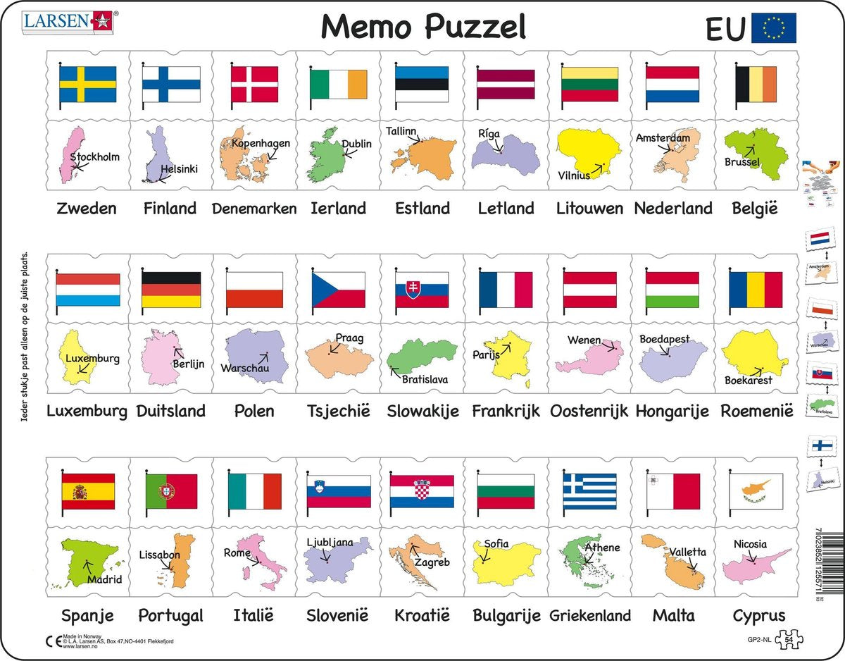 Puzzel Maxi Memopuzzel - Namen vlaggen en hoofdsteden van 27 EU-lidstaten - 54 stukjes