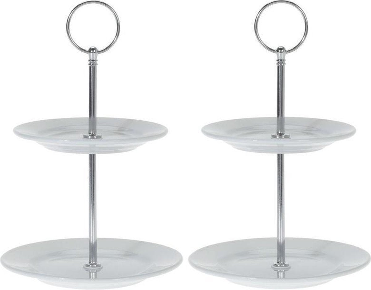 2x Porseleinen etageres 2-laags 21 cm - High tea - Serveerplateaus/etageres van porselein
