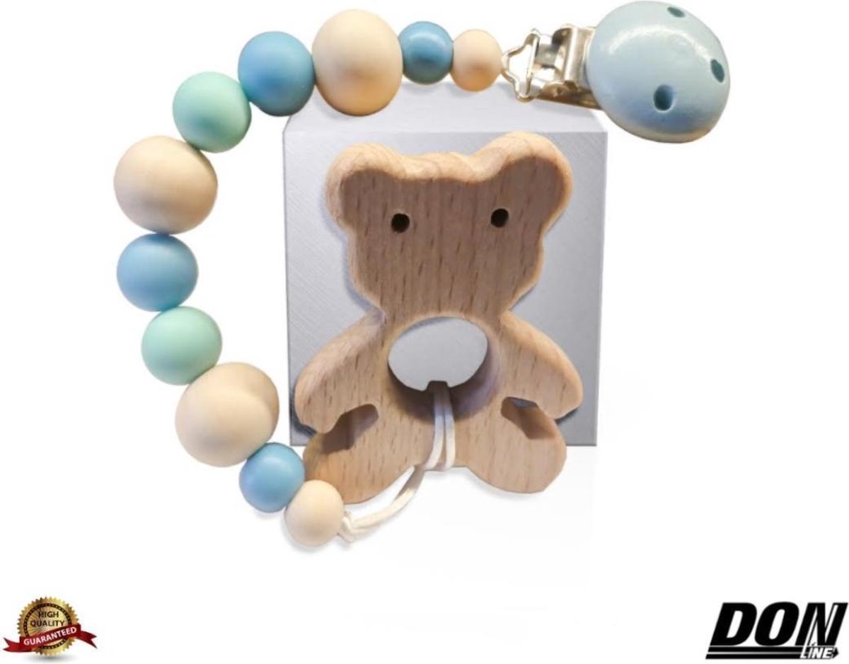 Speenkoord / Kralen Koord / Babyfopspeenketting / Fopspeenketting / Baby Bijtring Anti-drop Beukenhout Fopspeen Riemclip / Spenenketting / baby pacifier clip chain - Babyshower/Kraam Cadeau – Blauw x1 + Houten Bijtring Beukenhout - Beer x1