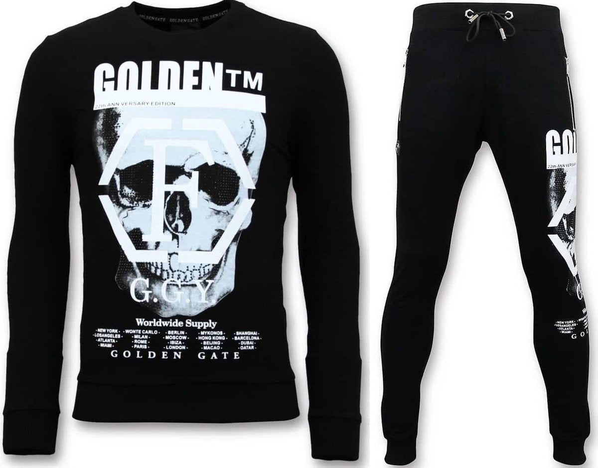ENOS Trainingspak Heren met Print - Blanco Doodskop - Zwart - Maat: XL