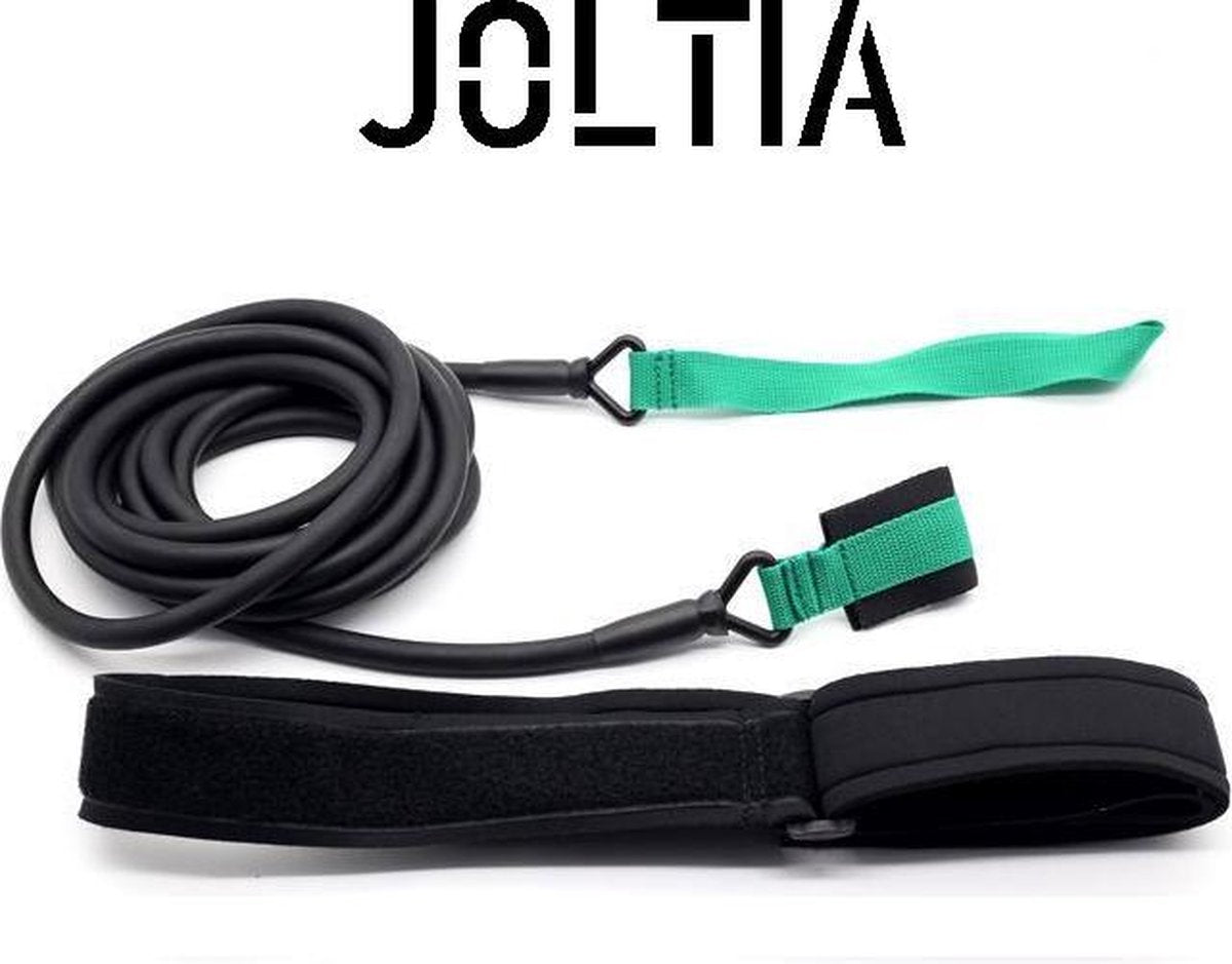 JOLTIA  - Premium Zwemelastiek 500+ - Zwemtraining - Zwem elastiek met weerstand - Resistance cords - Voor Volwassenen - Zwembad - Zwemelastieken met Riem - Weerstandsband - Weerstandstube - Trainingsbanden - 4 meter - Zwart/Groen - Incl. Opbergzakje
