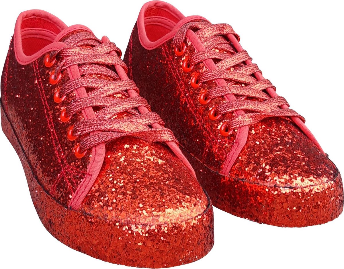 Dames – glitter sneaker - rock ’n roll schoen – gay pride - party shoe - shine schoe – jaren 60 - De Toppers - feest – festival - kerstmis - carnaval – rood – 41