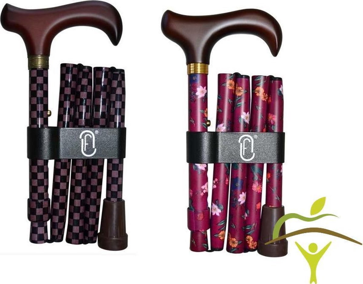 Finna wandelstok plooi- en verstelbaar houten of metacryl handvat: bordeaux met bloemen