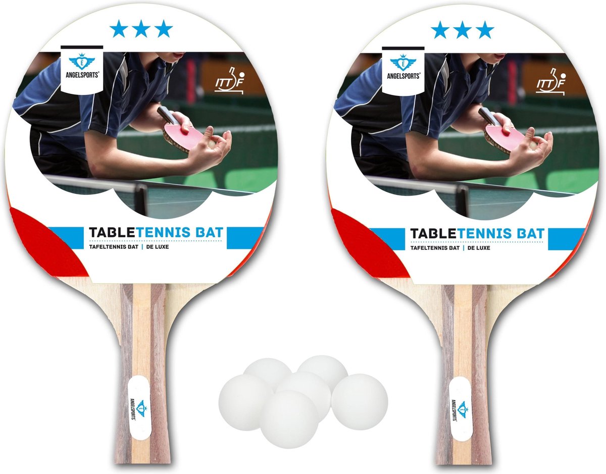 Tafeltennis set met 2x batjes 3 sterren + 18x tafeltennis/ping pong balletjes wit 4 cm - Sportief binnen en buiten speelgoed