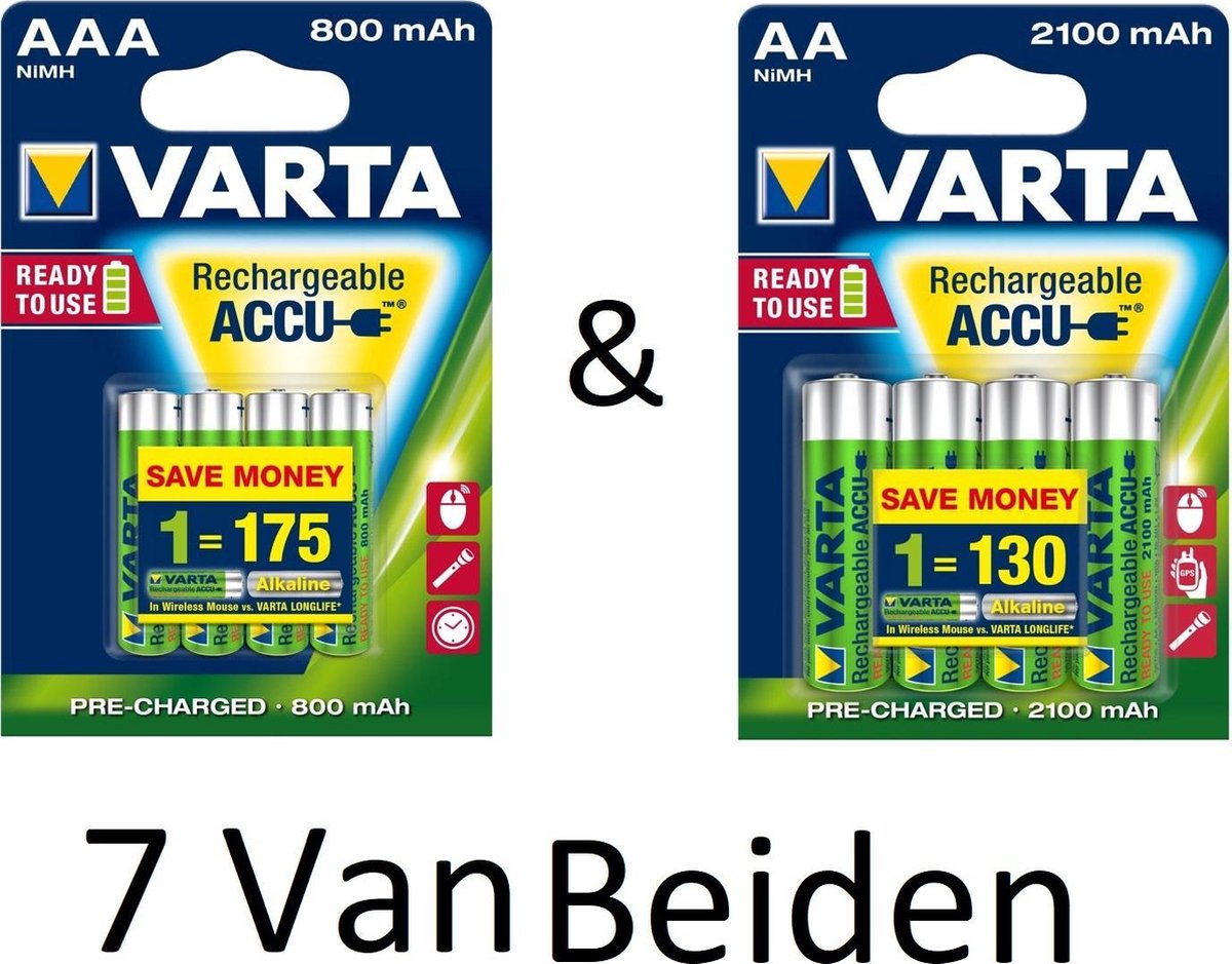 (7 Van Beiden) Varta AA & AAA oplaadbare batterijen Combi aanbieding  800 mAh & 2100 mAh