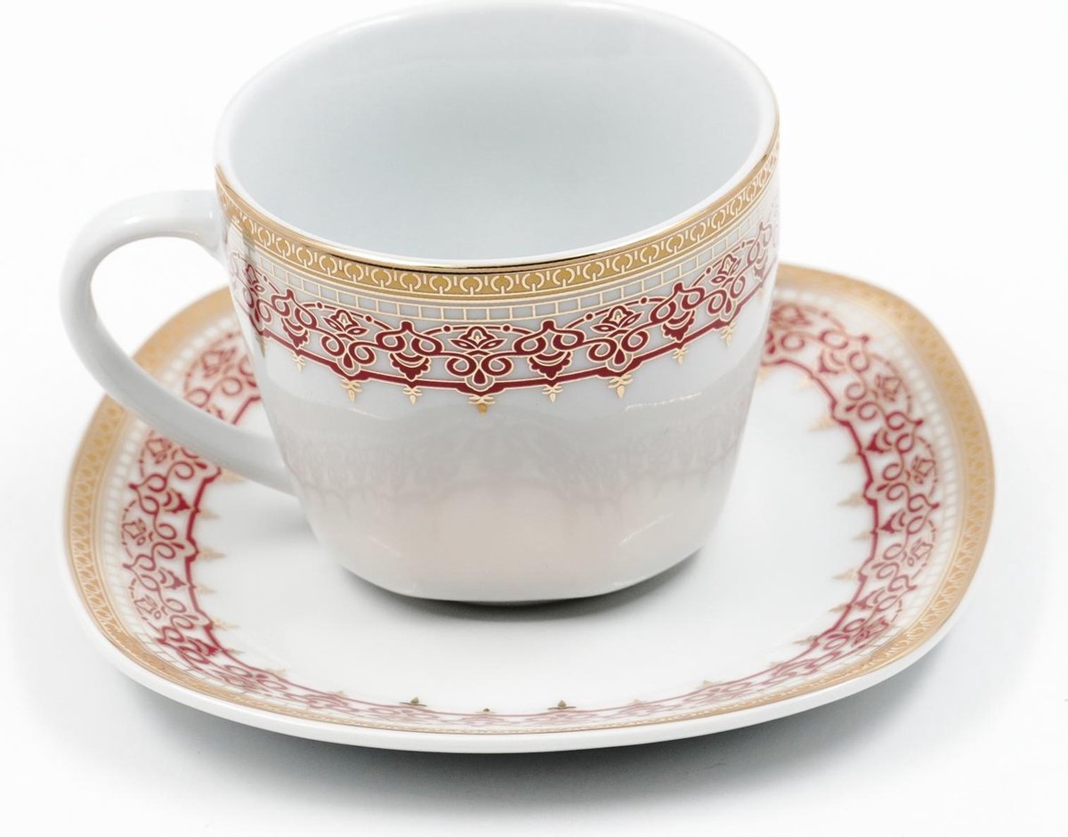 YILTEX – Koffiebekers – Koffiekopjes – set van 6st – Wit Met Rood – Porselein - 200ml