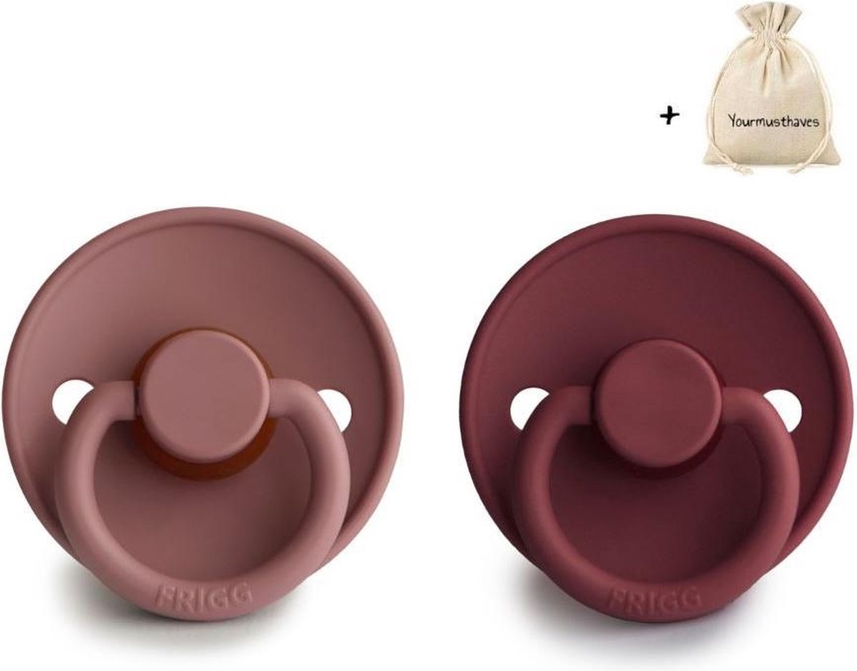 FRIGG | Fopspeen Duo | T2 | 6-18 maanden | Classic | Silicone | Woodchuck + Cabernet | Met YOURMUSTHAVES speenzakje