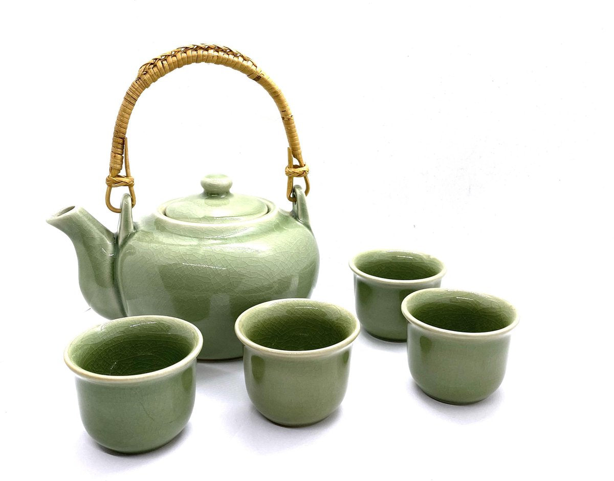 Theeset - Theeservies 5-delig keramiek - Handgemaakt en geschilderd theeservies - Theepot en 4 kopjes - Celadon groen