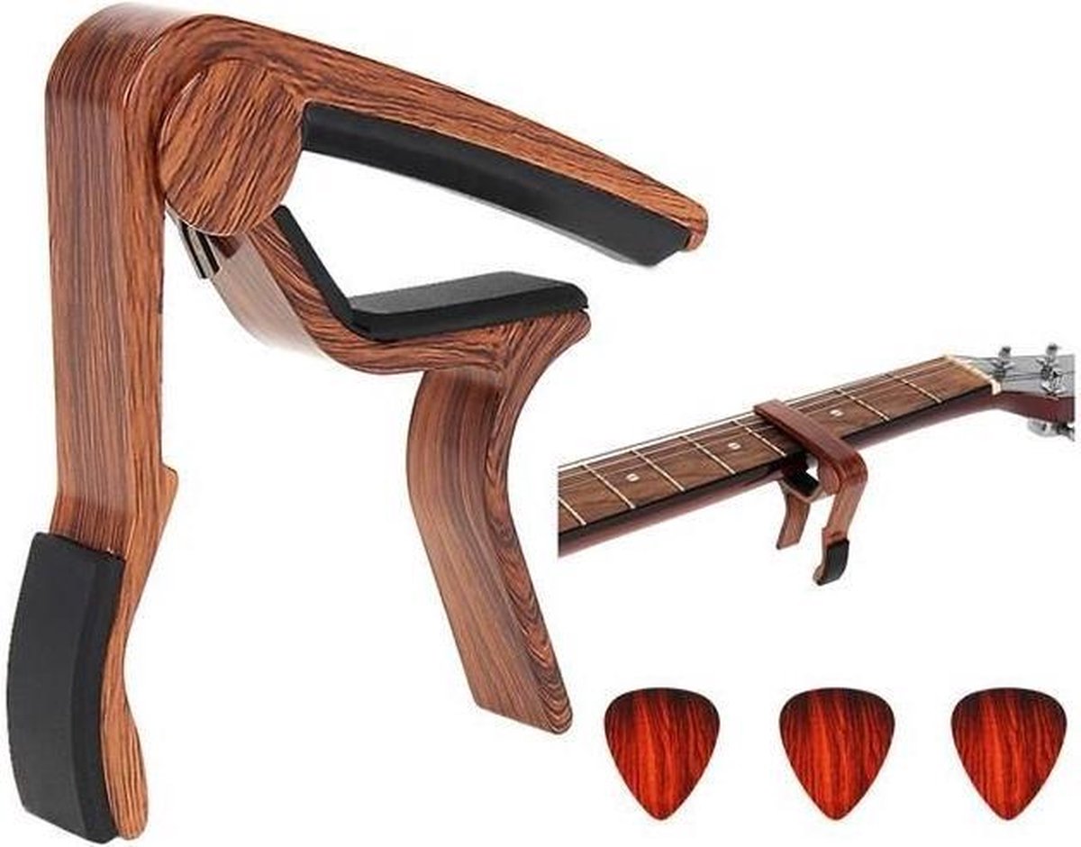 Gitaar Capo Deluxe – voor Gitaren met 3 Plectrum - Metaal + Rubber