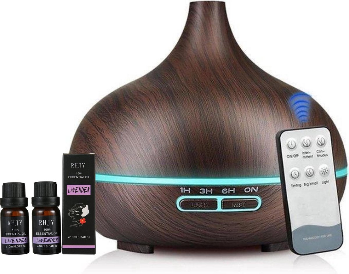 Aroma Diffuser Luchtbevochtiger Humidifier 550ml met Afstandsbediening - Geurverspreider met 2x 100% puur Etherische Lavendel Olie Gratis - Donkerbruin - Tensfact®