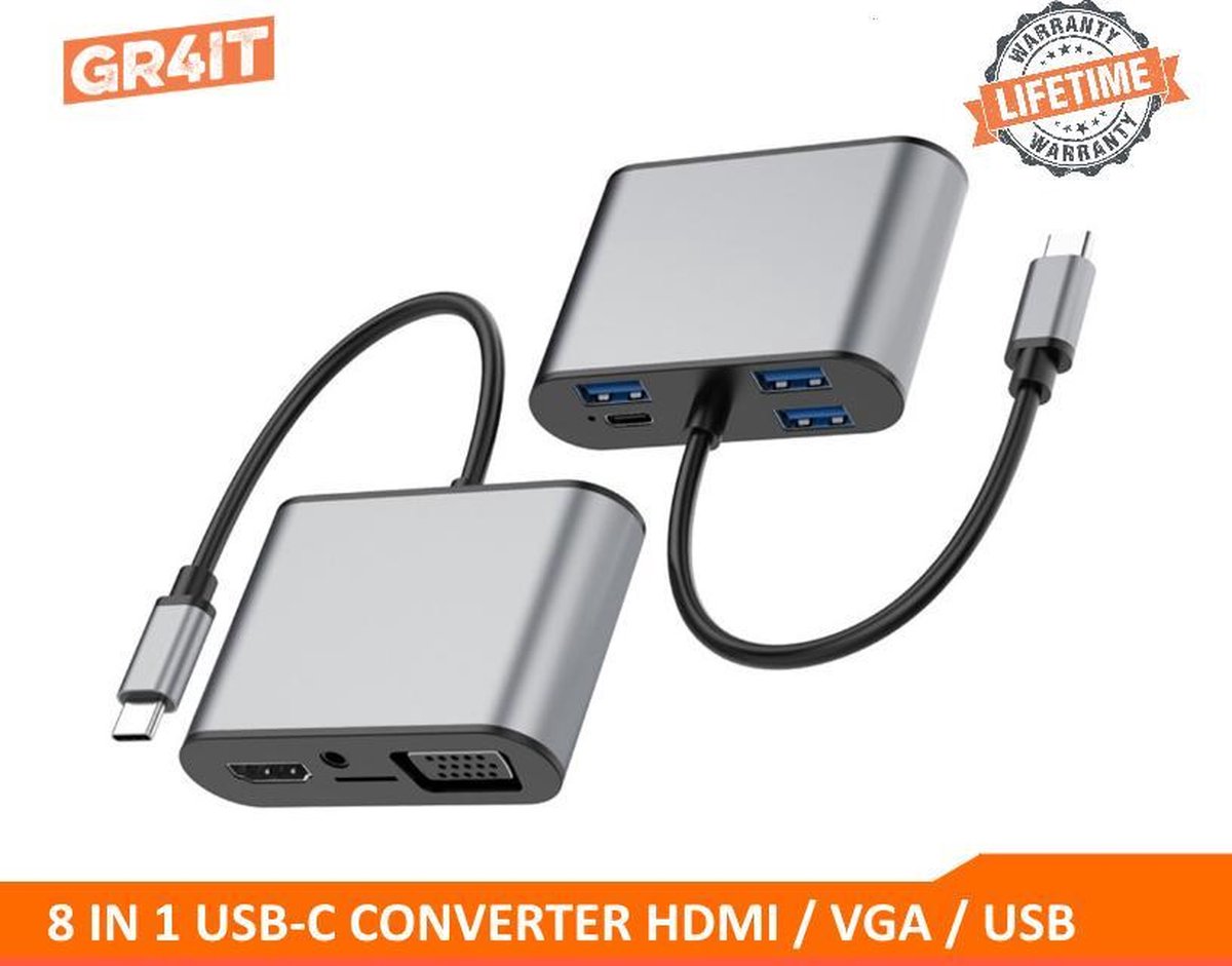 GR4IT - 8 in 1 USB C Converter - HDMI / VGA / USB / AUX /  PD / SD
