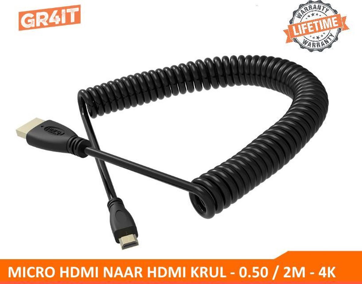 GR4IT Micro HDMI naar HDMI Krulkoord - 0.50M / 2M - 4K HDMI 1.4