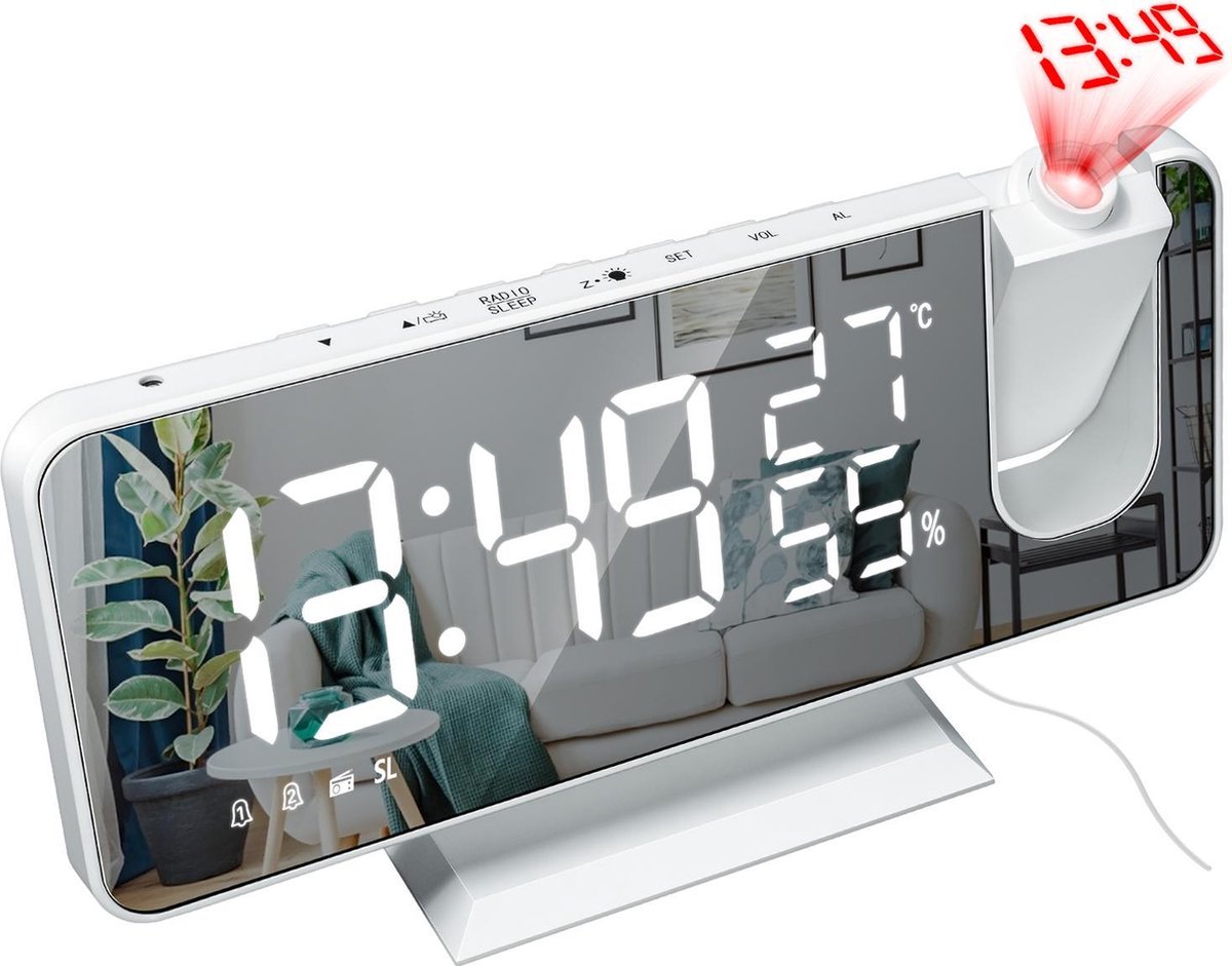 Nixnix - Digitale Wekkerradio - Alarm Clock - Met projectie - Multifunctionele Wekker radio - Digitale Wakker - Temperatuur - Spiegel - Anooze -