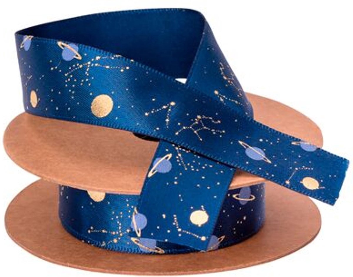 ARTIFETES - Satijnachtig astronaut lint met goudkleurige decoraties - Decoratie > Linten en tulle