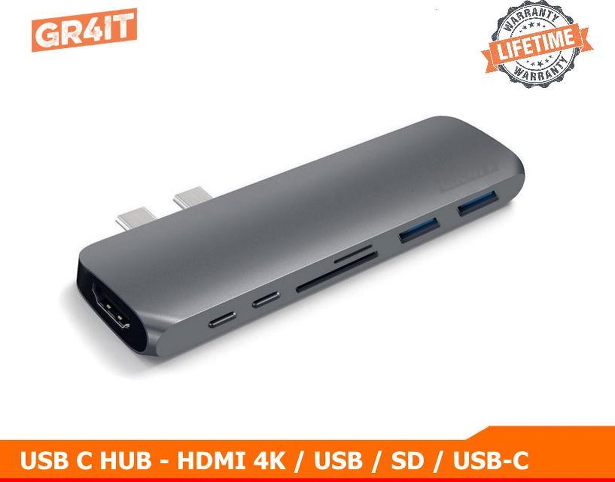 GR4IT - 7 in 1 USB C Hub voor Macbook Pro en Air- HDMI - Thunderbolt 3 - USB 3.0 - Micro SD – Spacegrey
