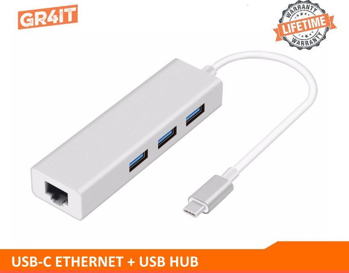 GR4IT USB-C naar Ethernet Lan Netwerk Adapter + USB Hub - 10/100/1000 mbps - Gigabit - USB 3.0 - Zilver