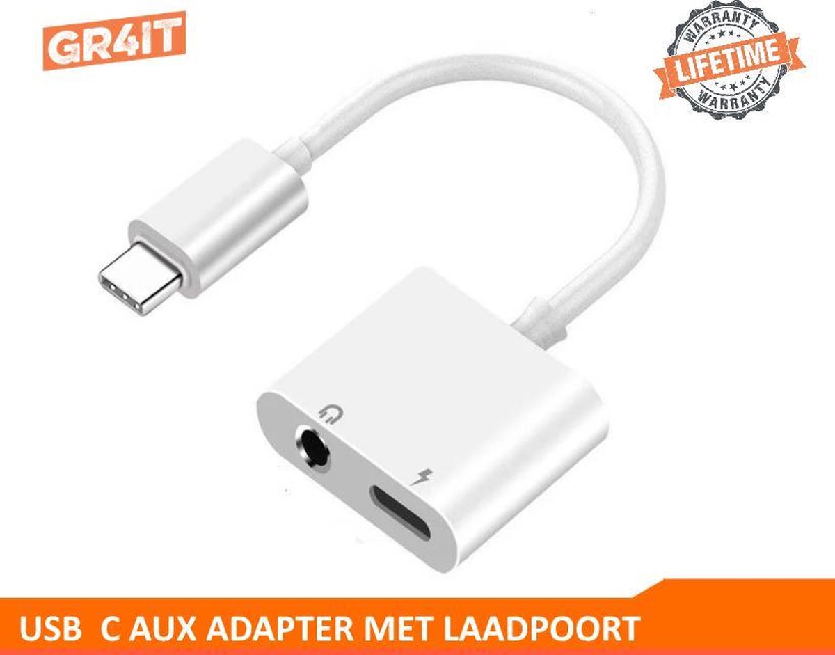 GR4IT USB C AUX 3.5mm Jack Adapter met USB C laadpoort - 2 in 1 -  Wit