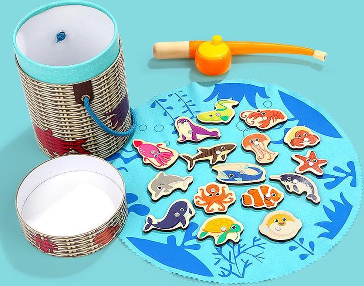 TopBright Visspel Magnetisch met 1 hengel en 16 vissen met scoren en de naam van de vissen - Hengelspel - Fishing Game - Houten Magnetisch Visspel - Fijne motoriek speelgoed - Montessori educatief speelgoed