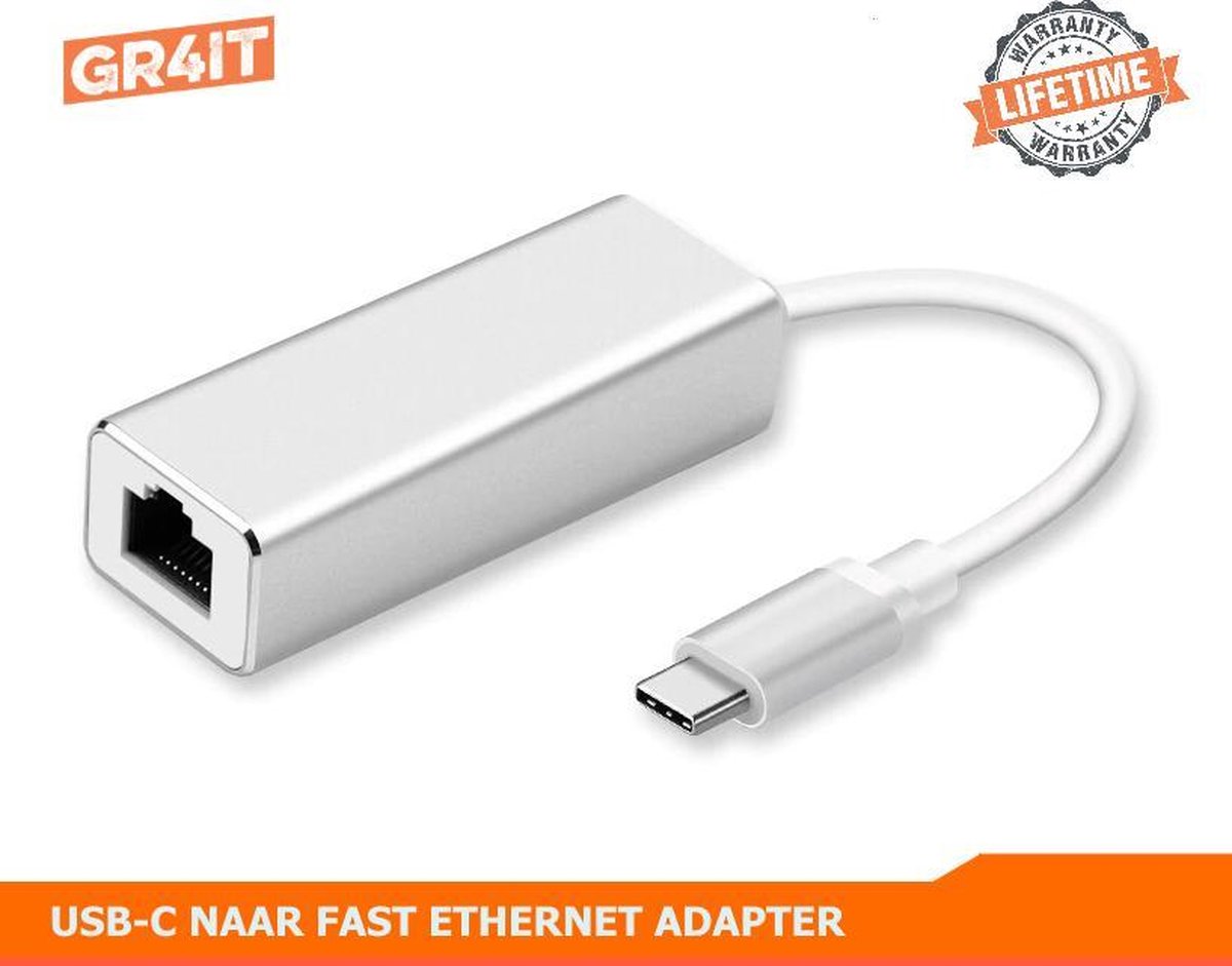 GR4IT USB-C naar Ethernet Lan Netwerk Adapter - 10/100/1000 mbps - Gigabit - Zilver