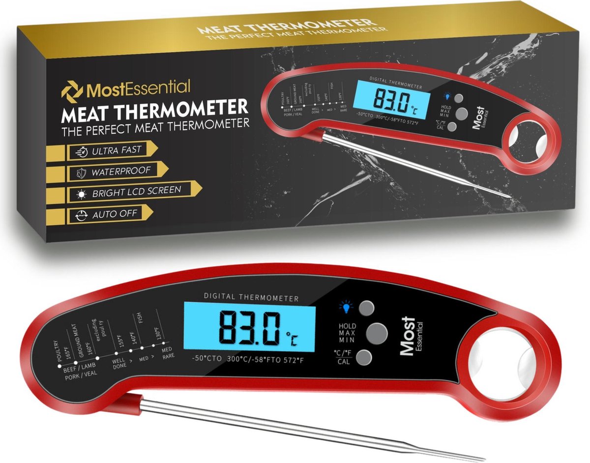 MostEssential Premium BBQ Thermometer – Vleesthermometer - Kernthermometer - Suikerthermometer - Voedselthermometer - Thermometer Koken - Keuken Thermometer - Digitaal – Draadloos - Waterdicht