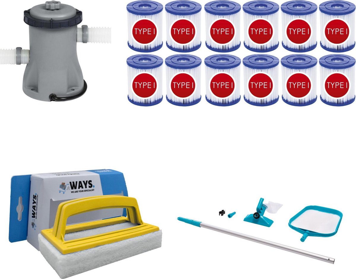 WAYS - Zwembad Onderhoud - Intex Onderhoudsset & Bestway Filterpomp 1249 L/h & 12 Bestway Filters Type I & WAYS Handy Scrubborstel
