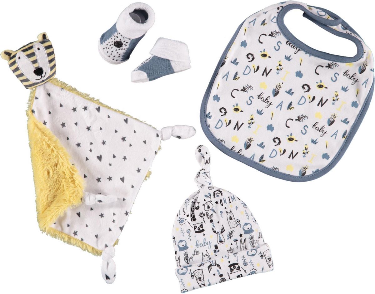 4 delig Baby Kraamcadeau - geschenkset - tijger - newborn jongens meisjes baby sokje - babymutsje - knuffeldoekje - slabbetje