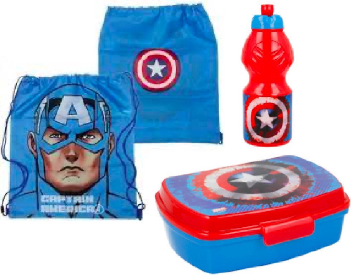 Captain America gymzak (44 cm - 38 cm) + brooddoos (17 cm - 13 cm - 6 cm) + Drinkfles (18 cm hoog - 400 ml)